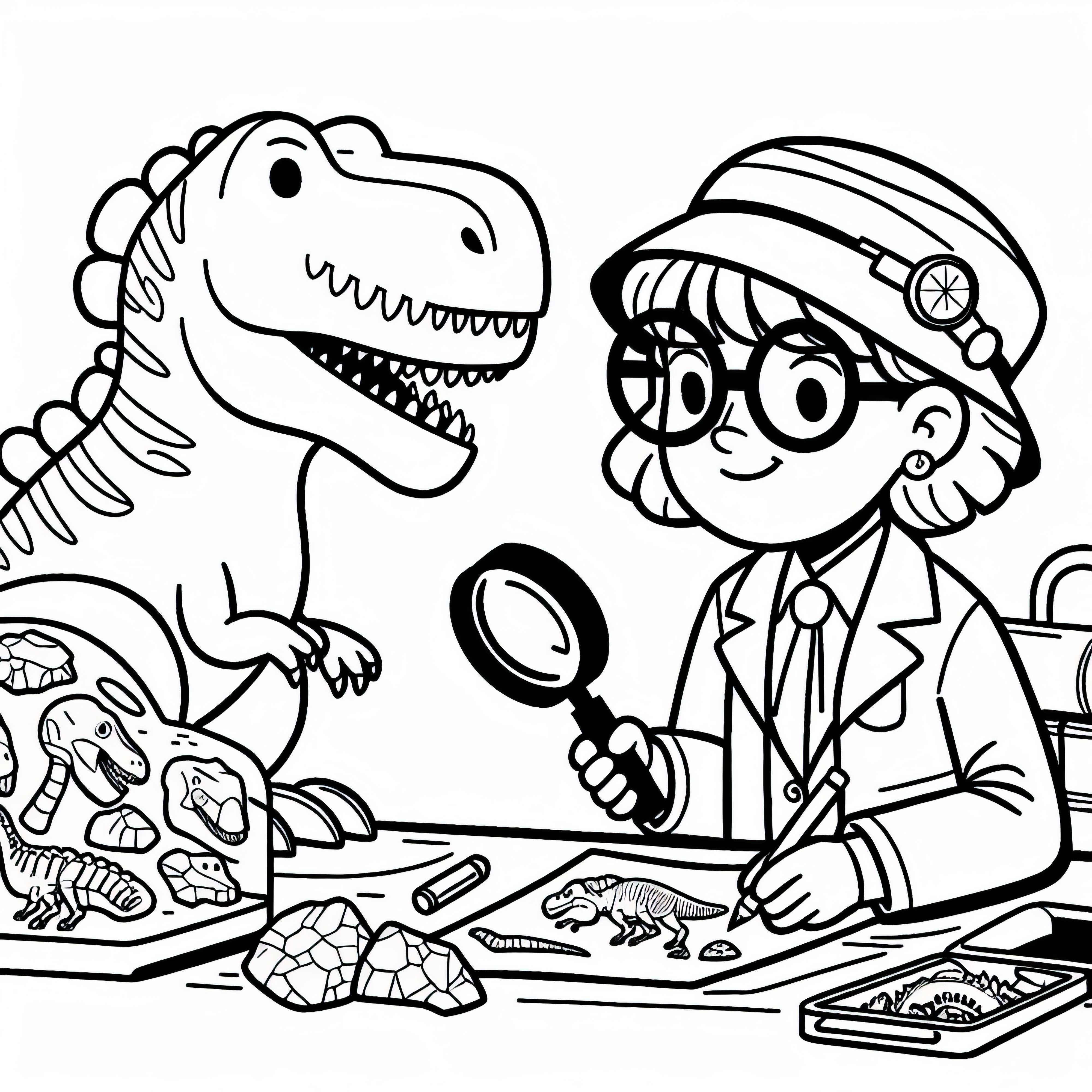 Pesquisadora de dinossauros estuda fósseis com lupa – Desenho para colorir simples e gratuito