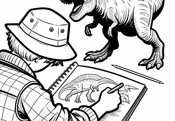 Pesquisador de dinossauros desenha dinossauro – Moldes para colorir grátis Pesquisador de dinossauros desenha dinossauros - modelo para colorir grátis