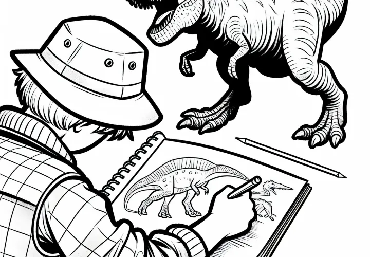 Investigador de dinosaurios dibuja dinosaurios - plantilla para colorear gratis