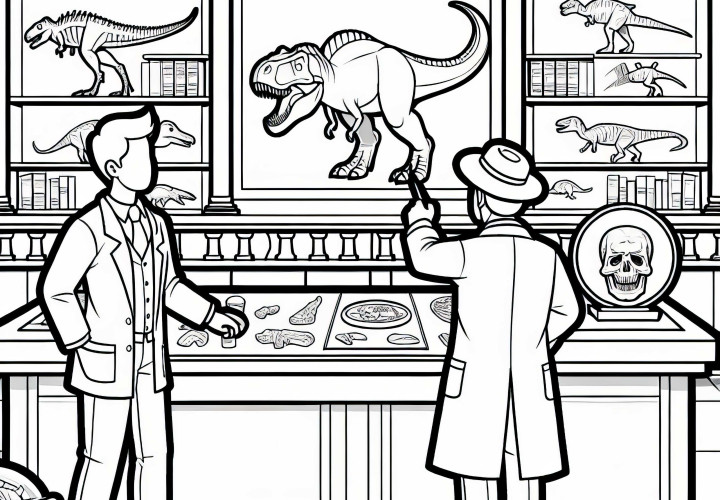 Pesquisador de dinossauros explica a exposição em um museu - Modelo de pintura gratuito Pesquisador de dinossauros explica exposição em um museu - Template de colorir grátis