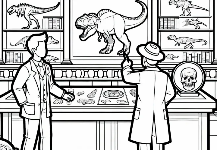 Investigador de dinosaurios explica la exposición en un museo - Plantilla para colorear gratuita