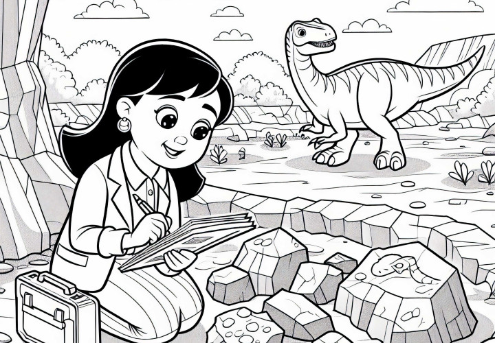 Pesquisadora de dinossauros analisa camadas de rocha no local da descoberta – Desenho para colorir grátis Pesquisadora de dinossauros analisa camadas de rochas no local da descoberta – Desenho para colorir gratuito