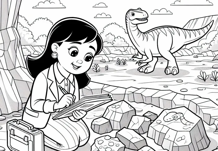 Investigadora de dinosaurios analiza capas de roca en el lugar de hallazgo – Imagen para colorear gratis