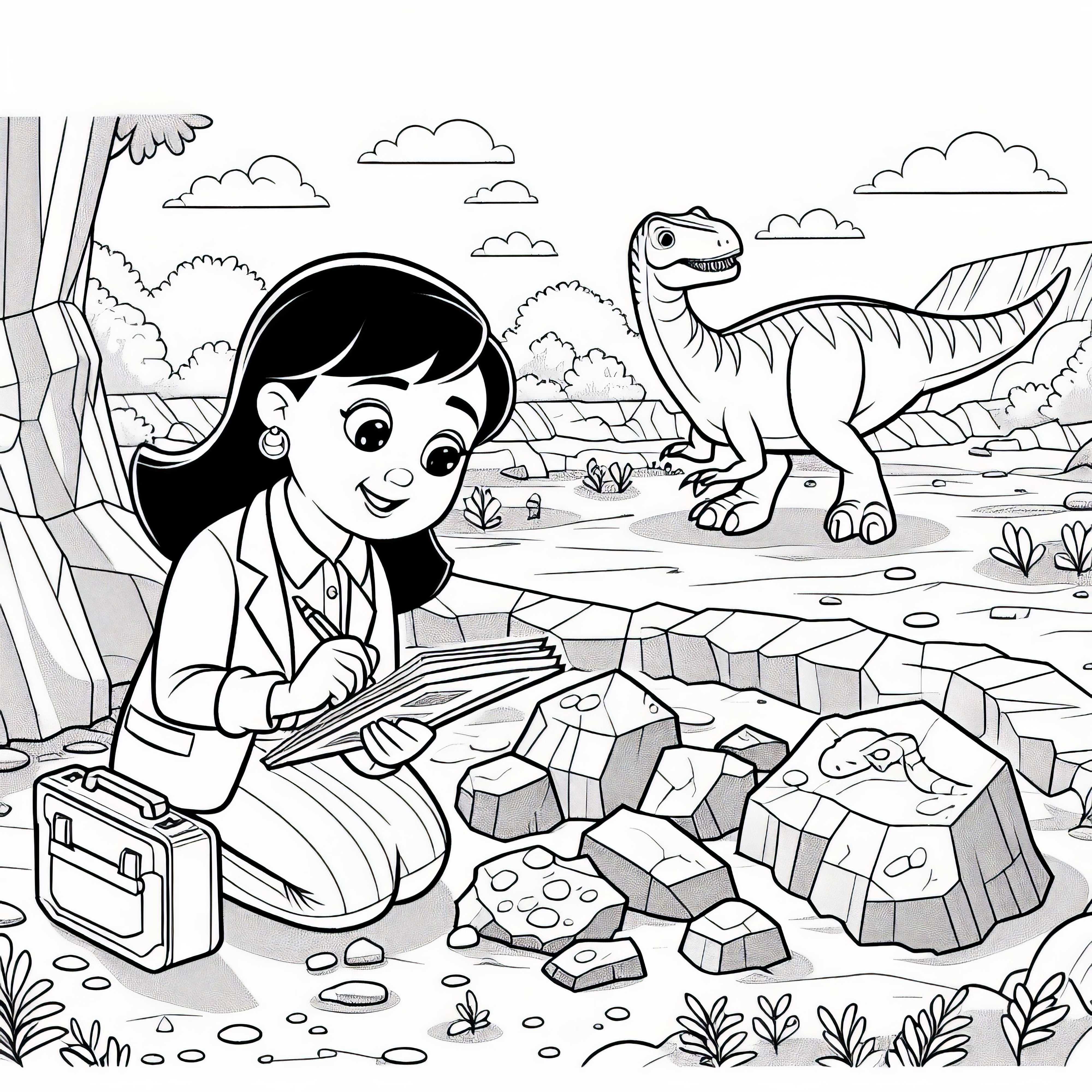 Pesquisadora de dinossauros analisa camadas de rocha no local da descoberta – Desenho para colorir gratuito