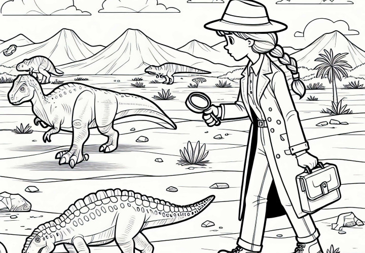 Pesquisadora de dinossauros lidera expedição no deserto – Imagem para colorir gratuita Pesquisadora de dinossauros lidera expedição no deserto - Desenho para colorir gratuito
