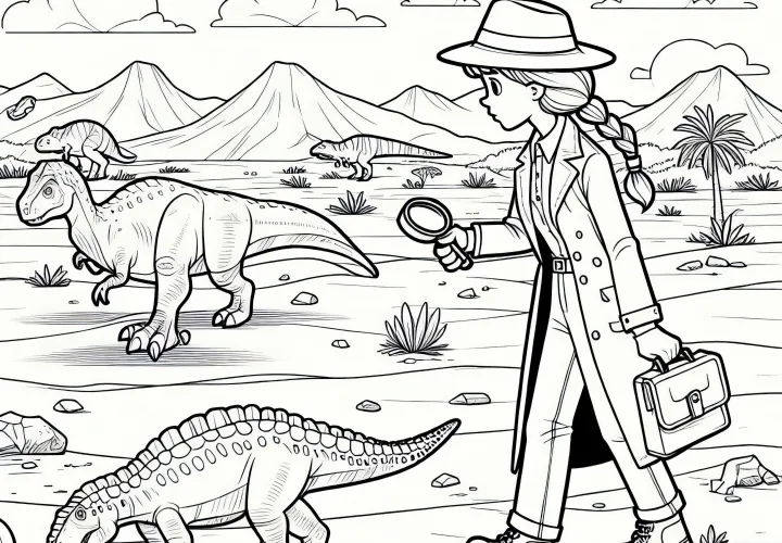 Investigadora de dinosaurios lidera expedición en el desierto - Dibujo para colorear gratis