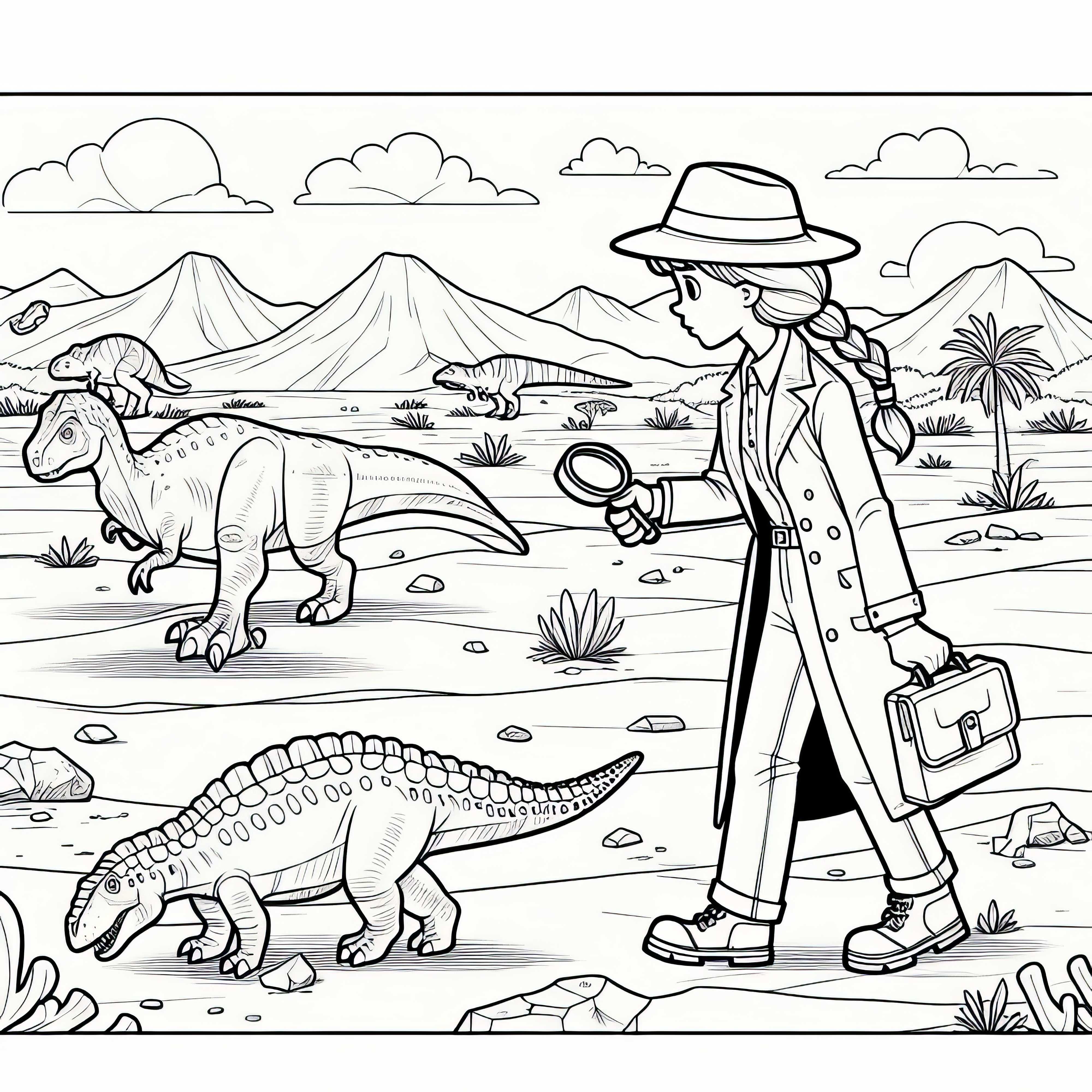 Pesquisadora de dinossauros lidera expedição no deserto - Desenho para colorir gratuito