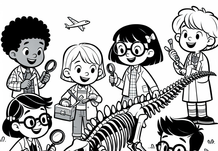 Crianças brincam de exploradores de dinossauros, desenho para colorir grátis Crianças brincam de pesquisador de dinossauros, imagem para colorir gratuita