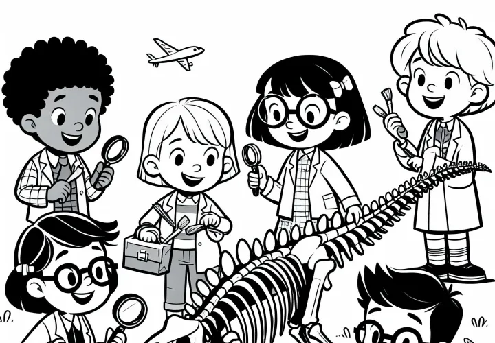 Los niños juegan a ser investigadores de dinosaurios - dibujo para colorear gratis