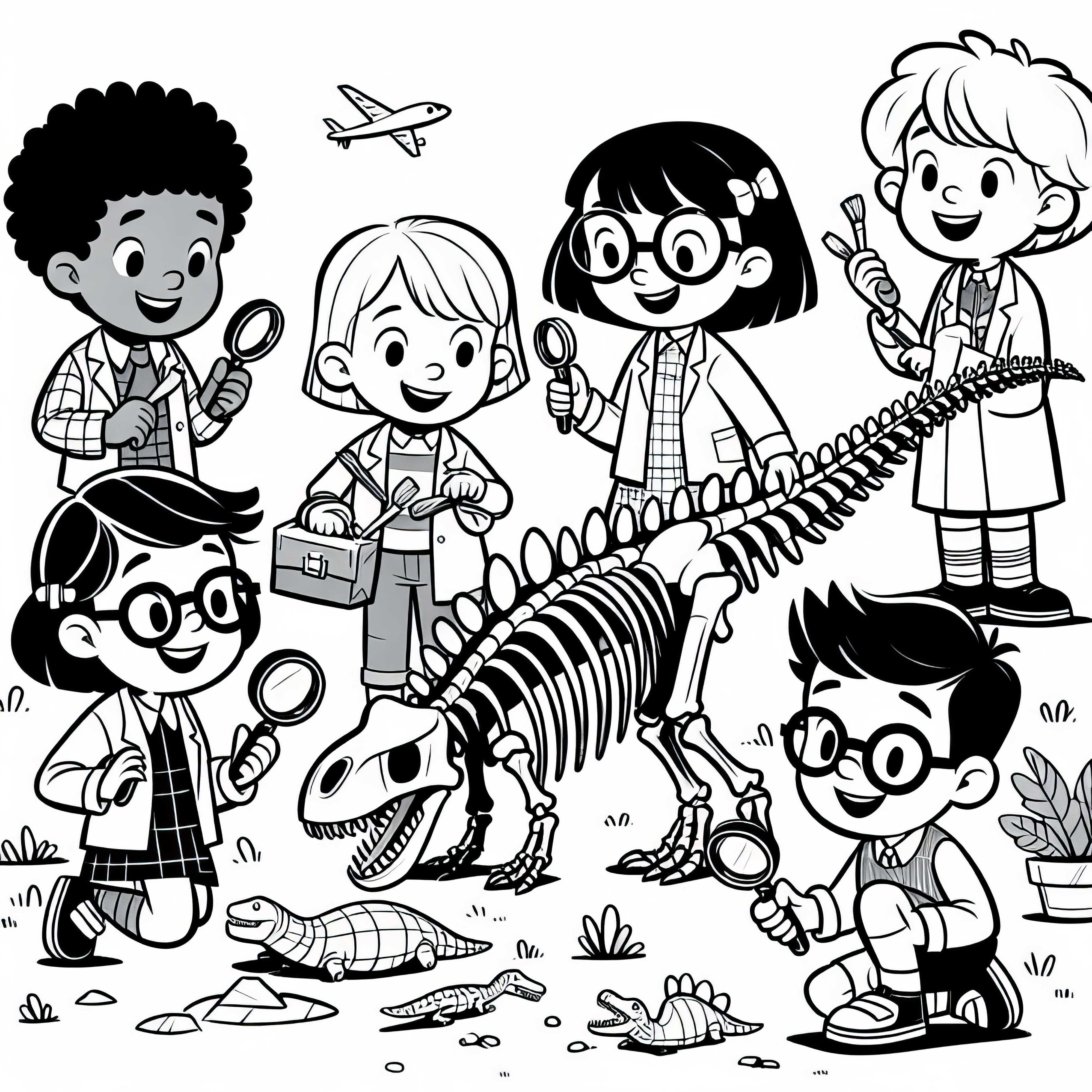 Crianças jogam desenho para colorir de pesquisador de dinossauros grátis