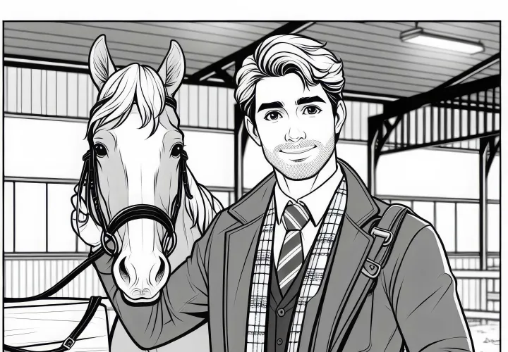El entrenador de animales trabaja con caballos en el establo - Plantilla para colorear gratis