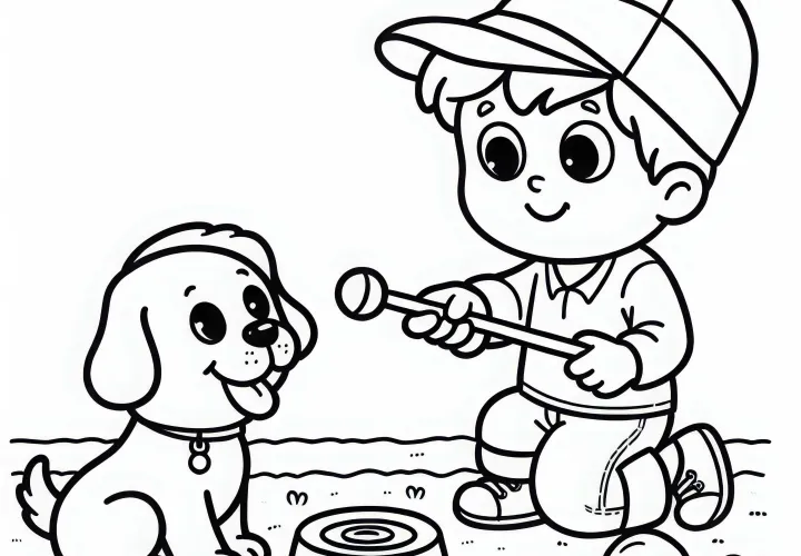 Entrenador de animales enseña a perro a traer – Dibujo para colorear gratis