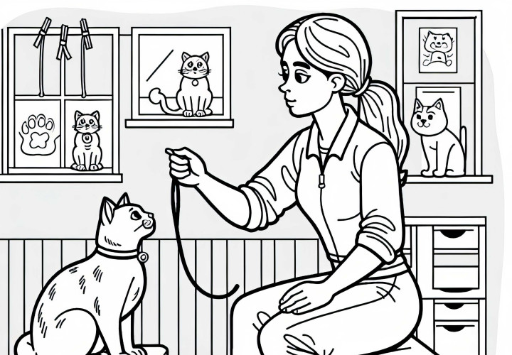 Pelatih hewan mengajarkan kucing trik – Template mewarnai gratis Pelatih hewan mengajarkan kucing trik - Cetak warna gratis