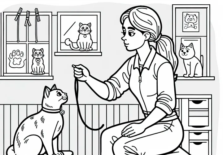 La entrenadora de animales enseña trucos a un gato - Plantilla para colorear gratuita