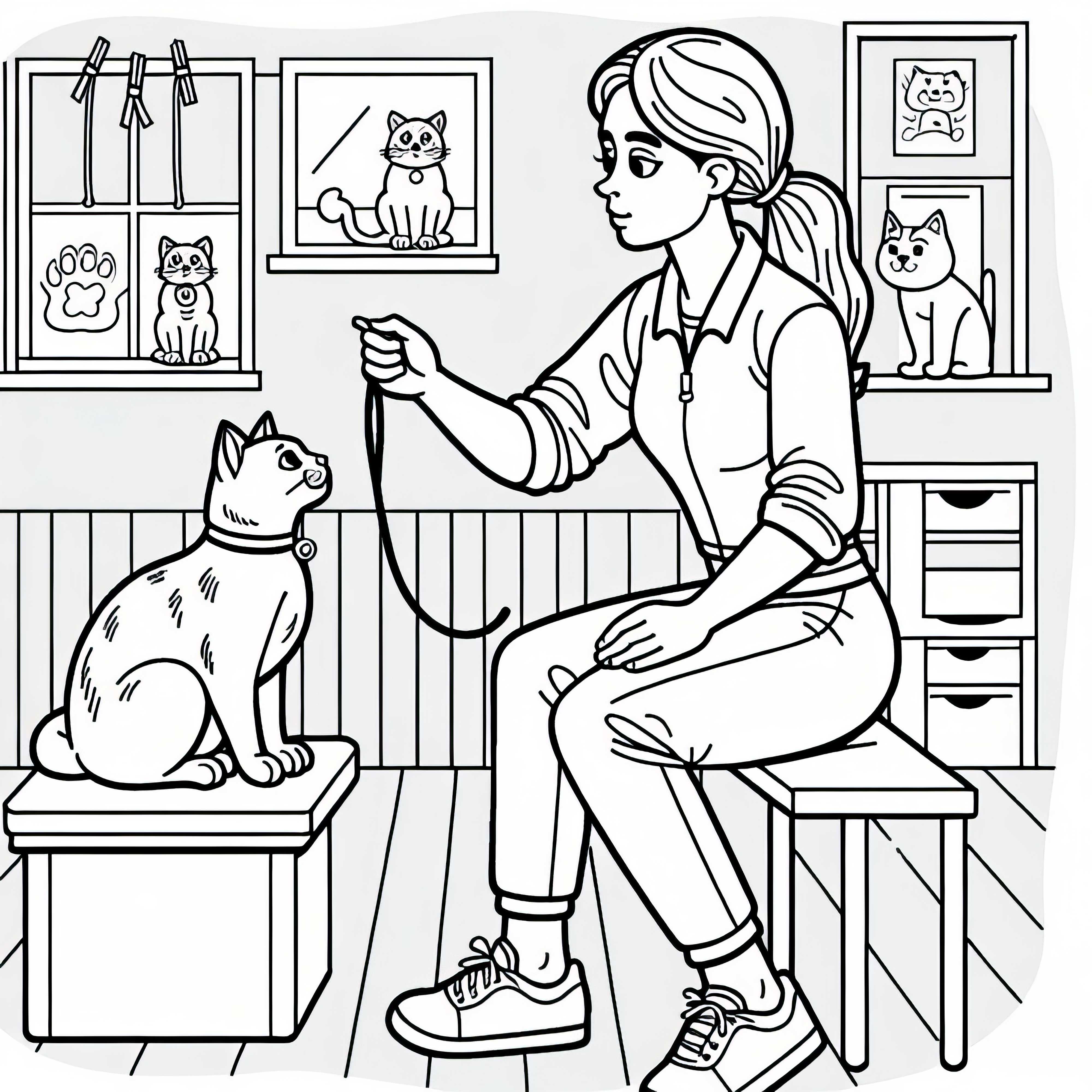 Pelatih hewan mengajarkan kucing trik – Template mewarnai gratis