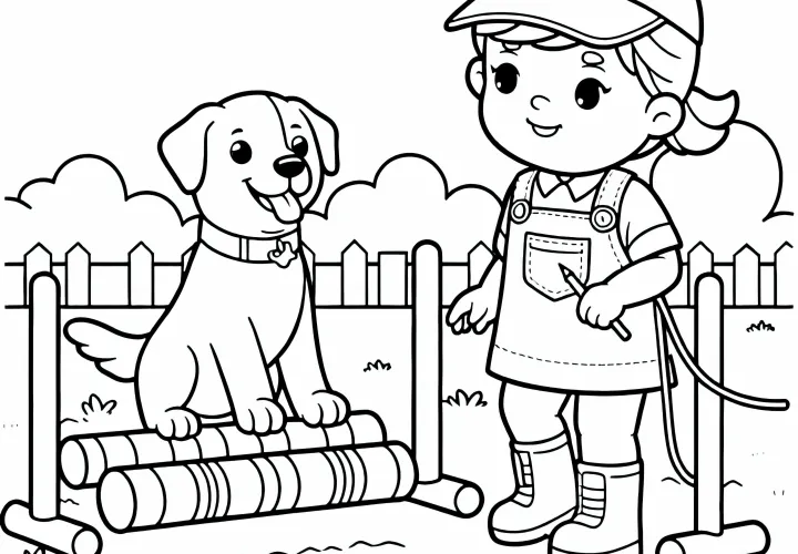 La entrenadora de animales enseña a un perro a correr por un circuito de obstáculos - Plantilla para colorear gratuita