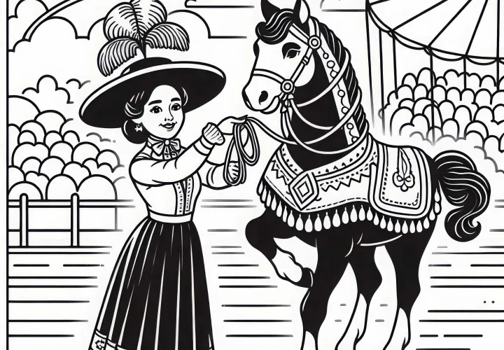 Entrenadora de animales muestra trucos con un animal de circo - Plantilla para colorear gratis