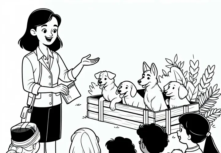 La entrenadora de animales explica al grupo cómo entrenar mascotas - Dibujo para colorear gratis