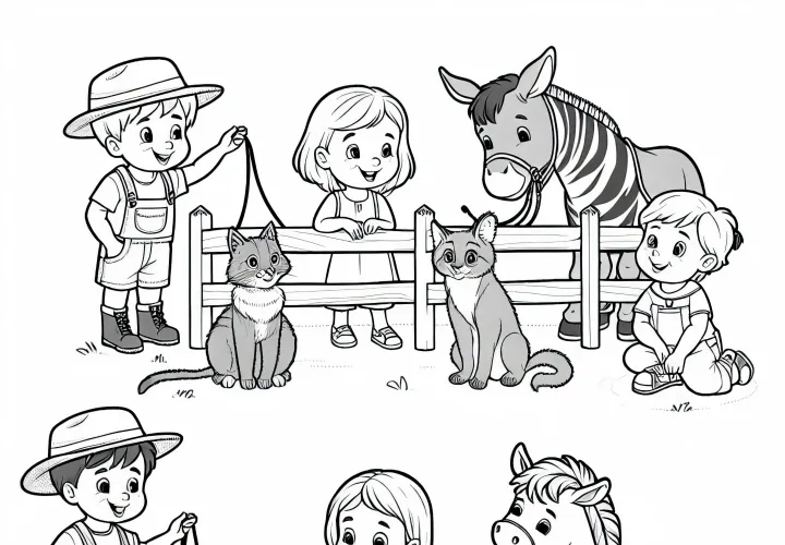 Dibujo para colorear de niños jugando con un adiestrador de animales - Descarga gratuita