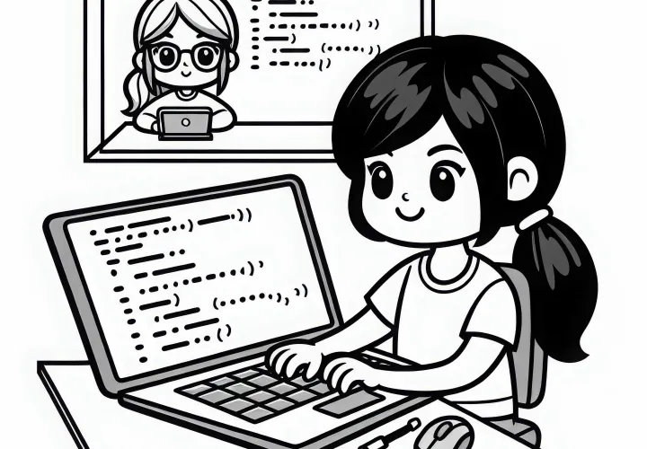 Programadora escribe código en laptop - Dibujo para colorear gratis