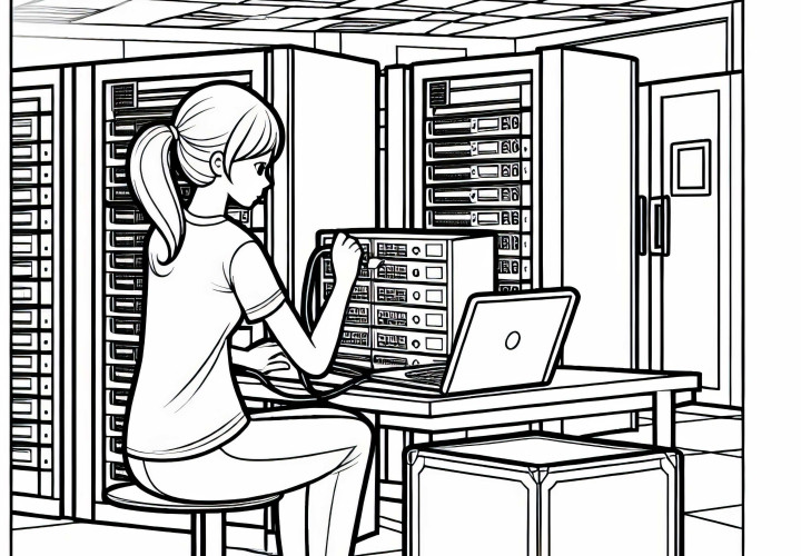 Programadora instala servidor en el cuarto de técnicos - Plantilla de colorear gratis