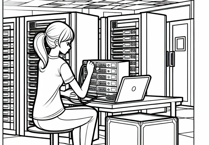 Programadora instala servidor en el cuarto de técnicos - Plantilla de colorear gratis