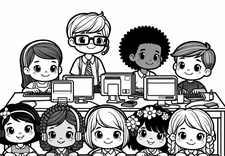 Niños como programadores dibujo para colorear gratis