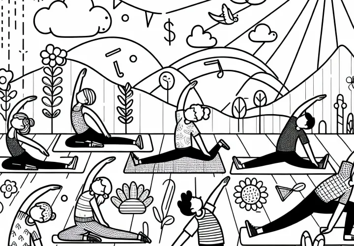 Aerobic participants are doing stretching exercises on yoga mats - Free coloring page