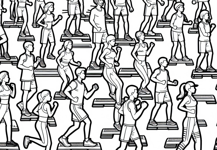 Az emberek step-aerobicoznak: ingyenes színező sablon