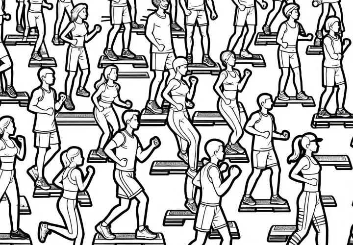 People doing step aerobics: coloring template for free
