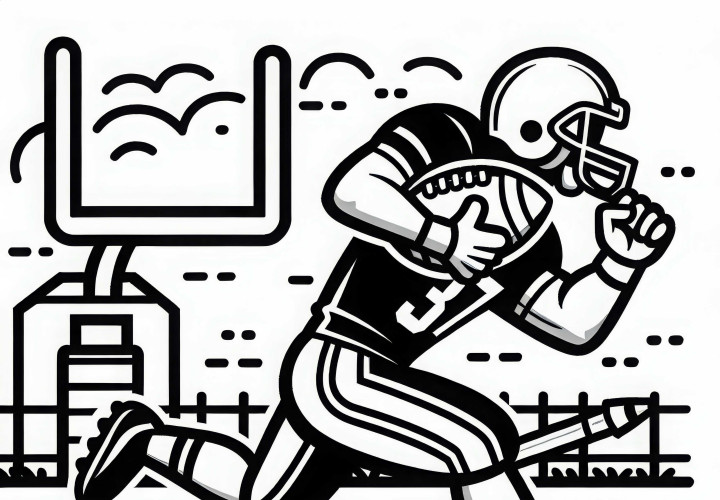 Spelare springer med fotboll mot touchdown-zonen - Färgläggningsbild gratis