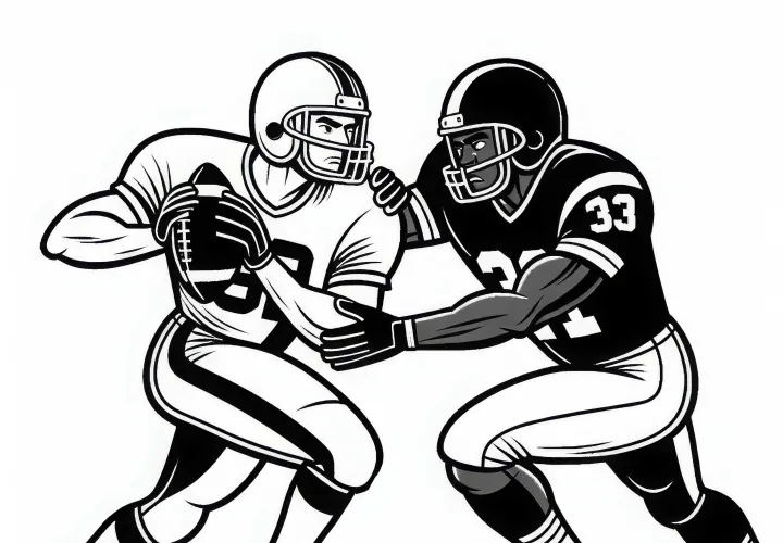 Two football players in a tackle for the ball - free coloring page