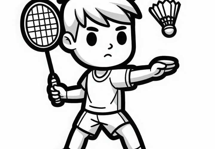 Badminton player takes a focused defensive stance – Free coloring page