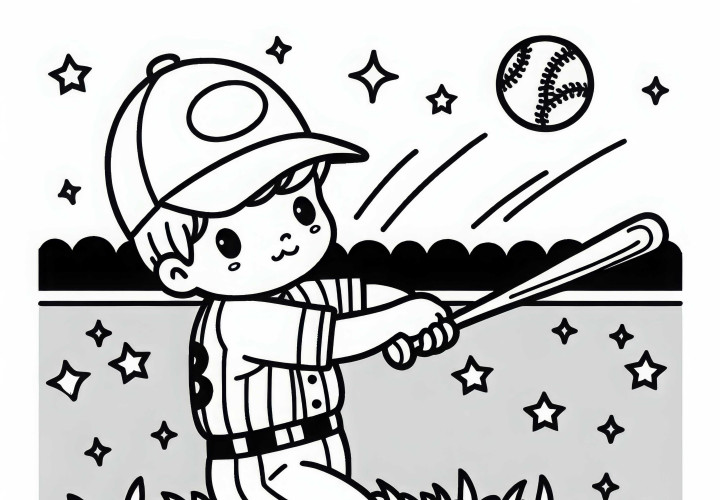El jugador golpea la pelota con un bate de béisbol - Imagen para colorear gratis Jugador golpea la pelota con un bate de béisbol - Dibujo para colorear gratis