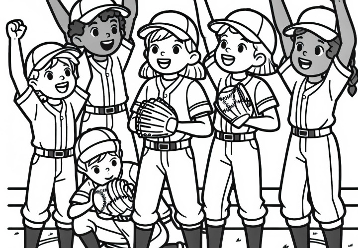 Equipo de béisbol celebra el punto ganado - Dibujo para colorear gratis El equipo de béisbol celebra el punto ganado - Dibujo para colorear gratis