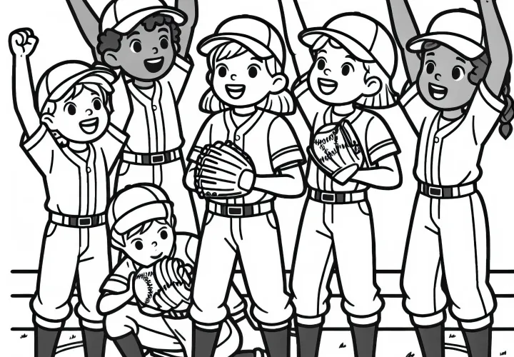 Baseballmannschaft feiert gewonnenen Punkt – Ausmalbild kostenlos