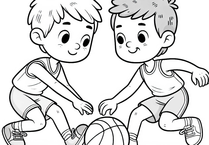Zwei Basketballspieler kämpfen um den Ball – Malvorlage einfach gratis Zwei Basketballspieler kämpfen um den Ball – Malvorlage einfach gratis