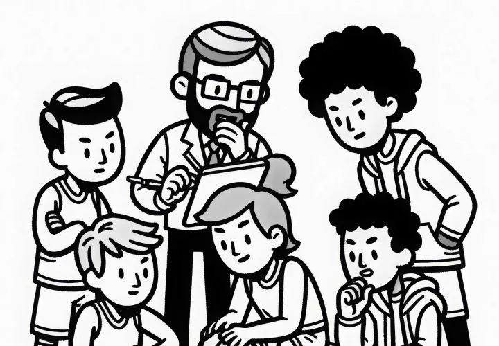 El equipo de baloncesto planea táctica durante un tiempo muerto – Colorea gratis