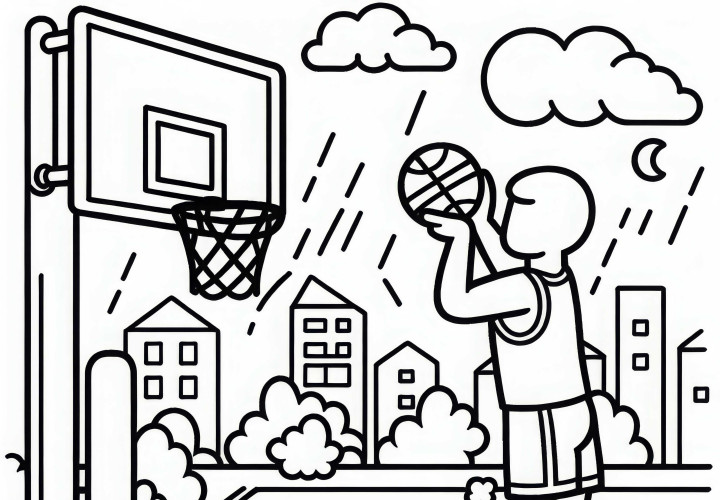 Basketballspieler wirft Freiwurf auf Korb – Ausmalbild einfach und gratis Basketballspieler wirft Freiwurf auf Korb – Ausmalbild einfach und gratis