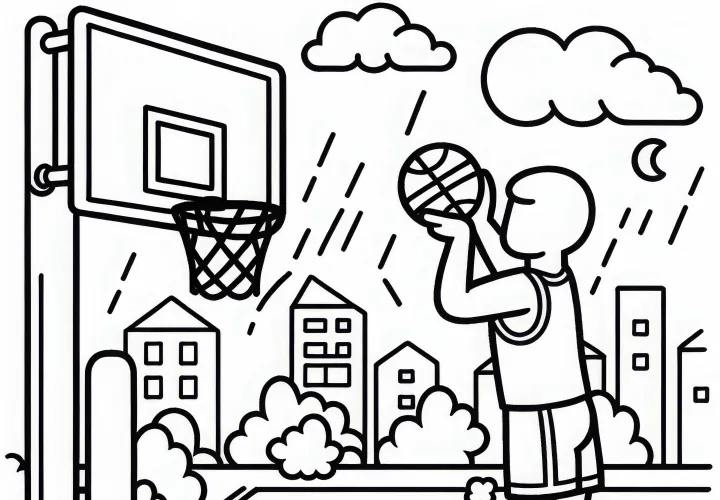 Jugador de baloncesto lanza un tiro libre a la canasta - Dibujo para colorear fácil y gratis