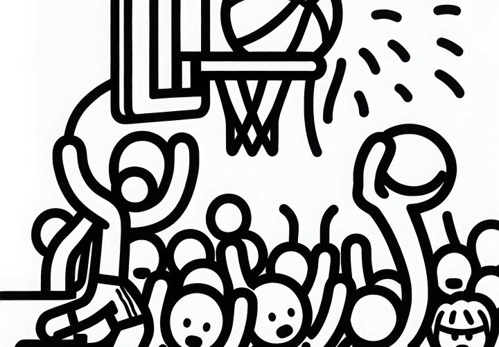Basketball Zuschauer jubeln während der Ball durch den Korb fliegt – Ausmalbild kostenlos Basketball Zuschauer jubeln während der Ball durch den Korb fliegt – Ausmalbild kostenlos