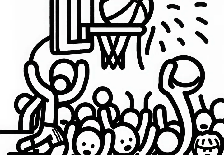 Los espectadores de baloncesto aplauden mientras el balón pasa por el aro – Imagen para colorear gratuita