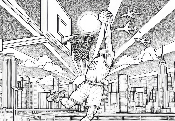 Basketballspieler macht Dunking – Ausmalbild kostenlos Basketballspieler macht Dunking – Ausmalbild kostenlos