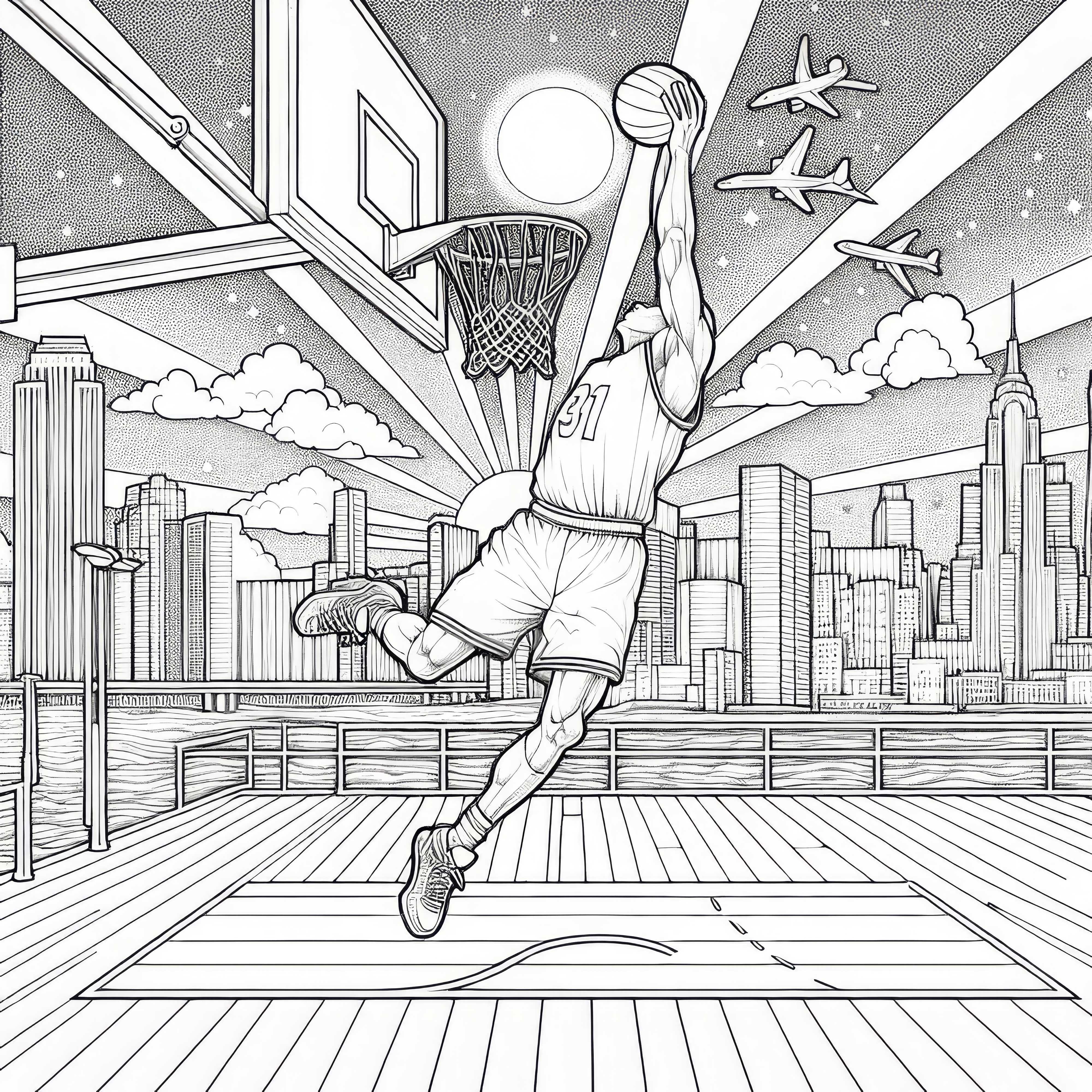 Basketballspieler macht Dunking – Ausmalbild kostenlos