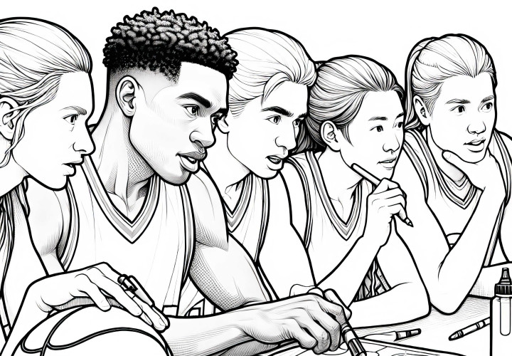 Basketball-Team plant Taktik während Auszeit – Ausmalbild kostenlos herunterladen Basketball-Team plant Taktik während Auszeit – Ausmalbild kostenlos herunterladen