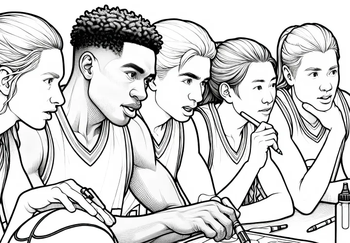 El equipo de baloncesto planea la táctica durante un tiempo muerto - descarga gratuita para colorear