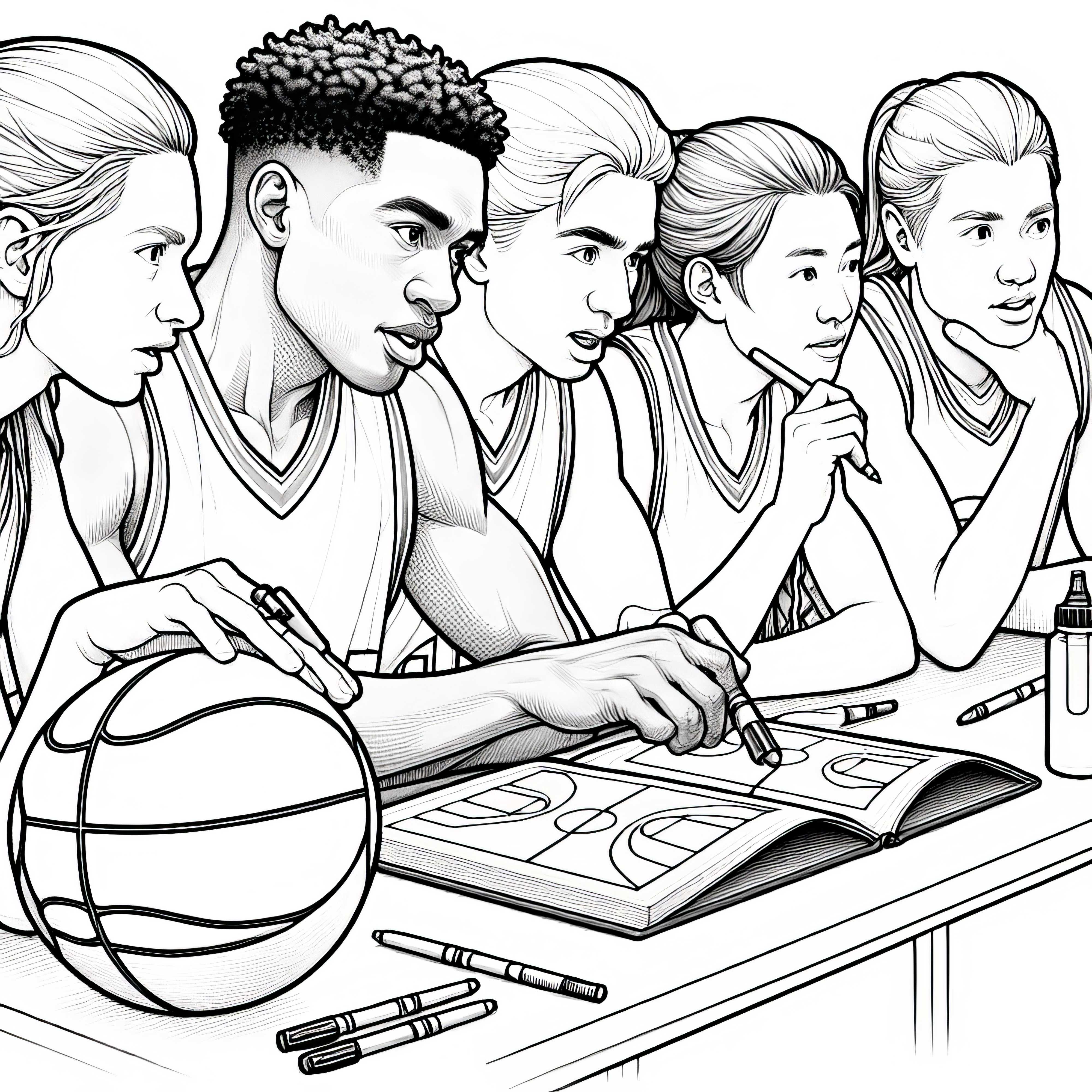 Basketball-Team plant Taktik während Auszeit – Ausmalbild kostenlos herunterladen