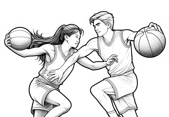 Plantilla para colorear de dos jugadores de baloncesto - Detallada y gratuita