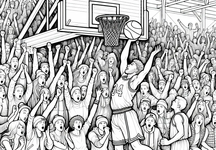 Los espectadores de baloncesto jubilan con el lanzamiento a canasta - Dibujo para colorear gratis
