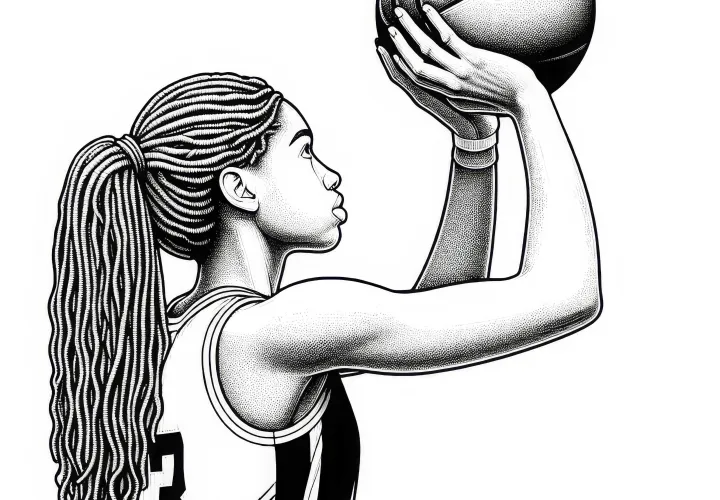 Jugadora de baloncesto lanza un tiro libre - plantilla para colorear detallada gratis